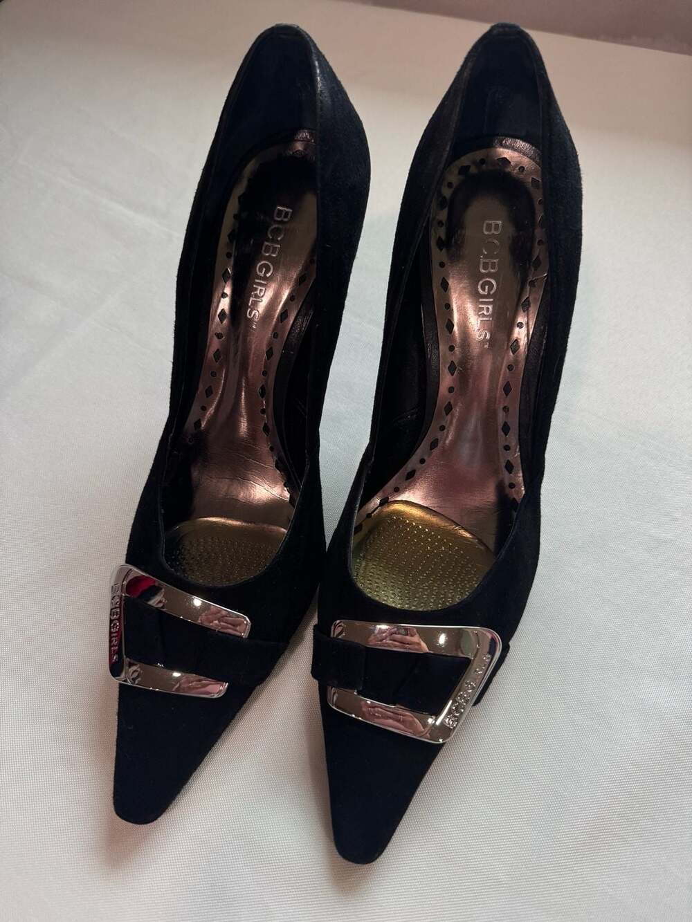 Black Pointed Toe Kitten Heel Pumps Silver Buckle Office Career Y2K Chic